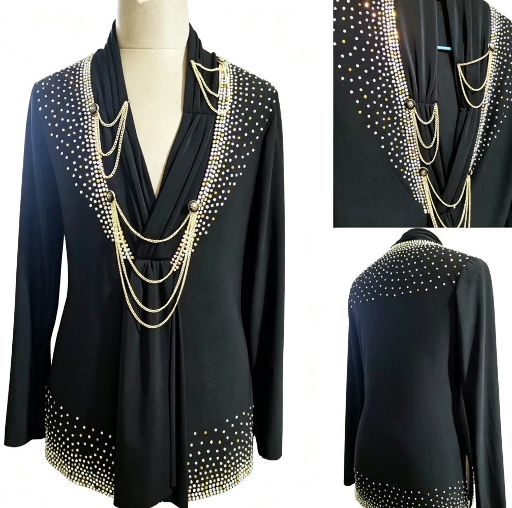 Custom Size Men's Black Cowl Neck Rhinestone Ballroom Latin Dance Shirt with Layered Chains