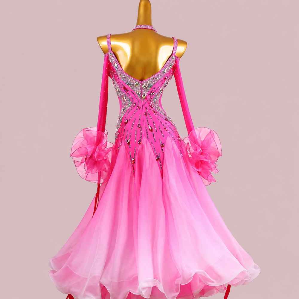 Custom Ombre Pink Ballroom Dance Dress with Crystals Smooth Foxtrot Dance Gown