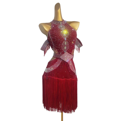 Custom Size Wine Red Bling Fringe Competition Latin Dance Dresses for Women Girls Kids Salsa Rumba Chacha Performance Art Test Dancing Outfits