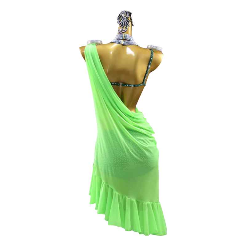 One Shoulder Neon Green Gemstones Latin Dance Competition Dresses for Women Girls Salsa Rumaba Chacha Latin Performance Costumes - Moderndancedress.com