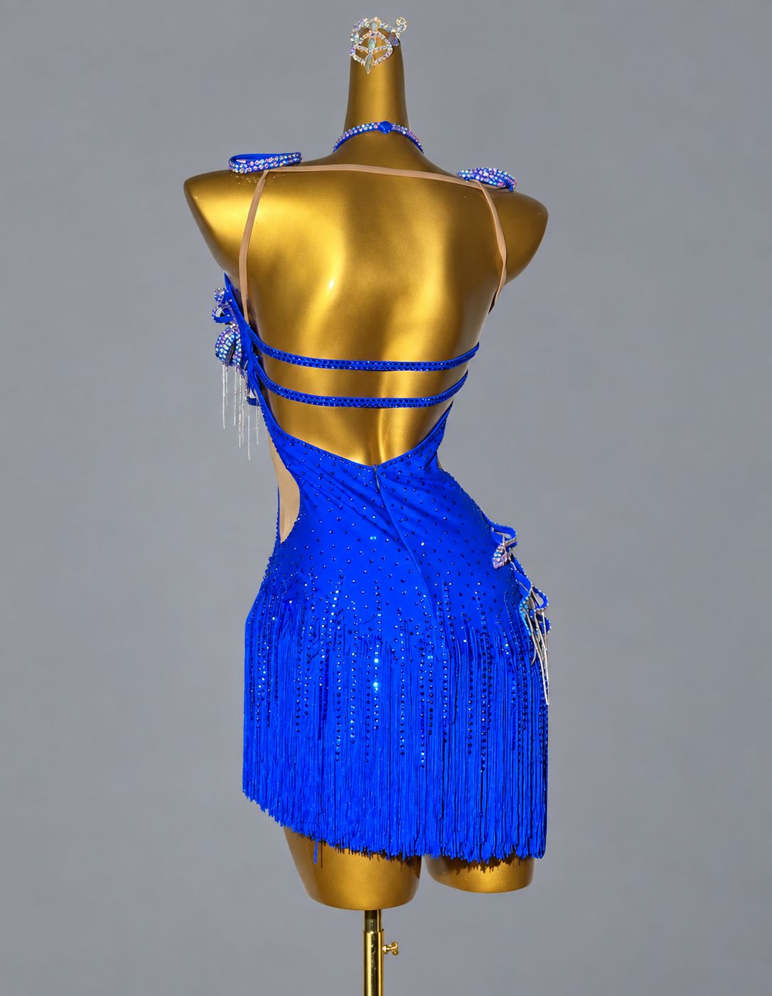 Custom Blue Pink Latin Dance Dress with Crystal Petals Rumba Samba Competition Gown