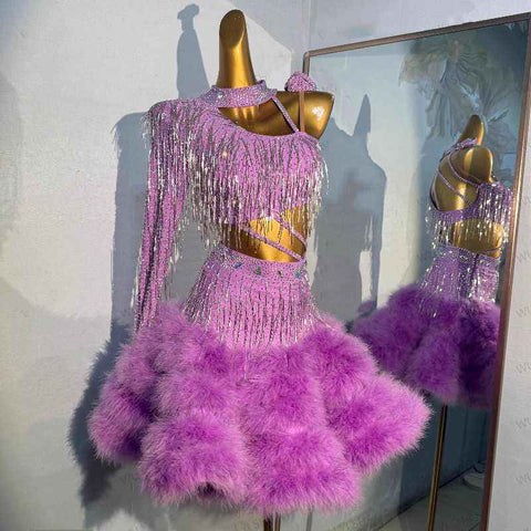 Custom Size Purple Fether Competition Latin Dance Dresses for Womn Girls Salsa Rumba Chacha Performance Costumes