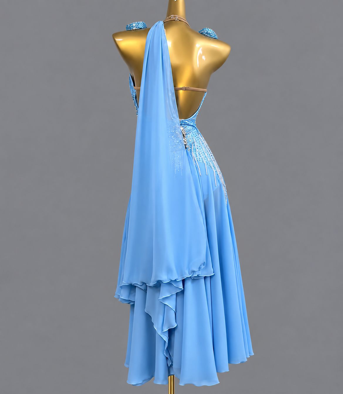Custom American Smooth Dress Blue Pink Halter Neck Ballroom Dance Gown