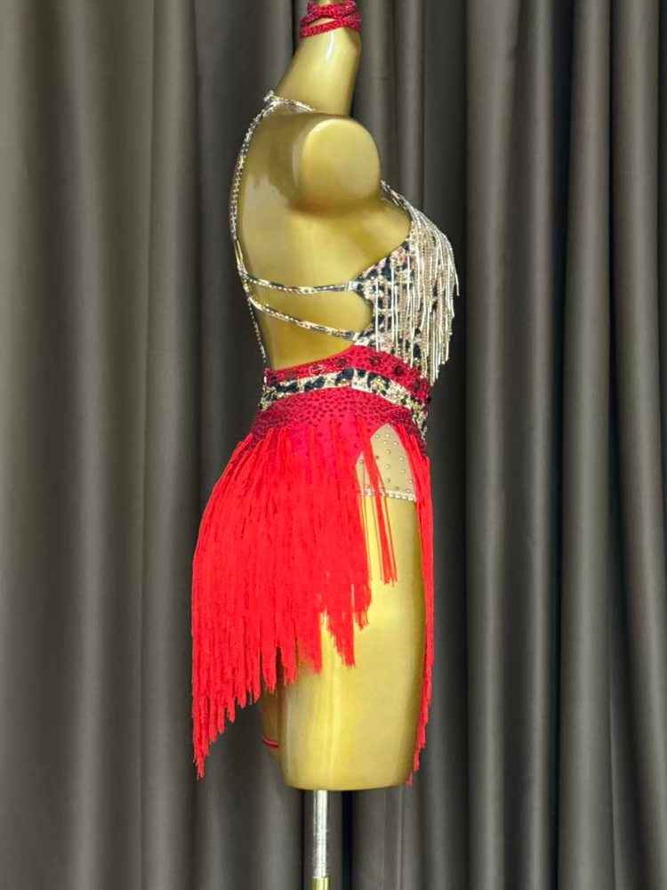 Custom Size Leopard Competition Crystal Latin Dance Dress with Red Tassel Skirt