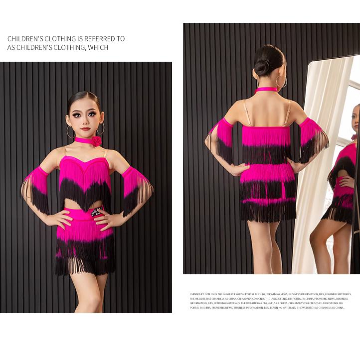Girls Latin Dance Dresses Pink Blue Gradient Fringed Kids Latin Salsa Rumba Chacha Performance Costumes - Moderndancedress.com