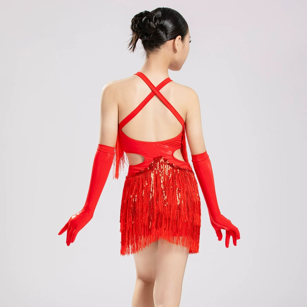 Red Latin Dance Dress for Girls - Shiny Sequin Tassel Ballroom Outfit with Gloves