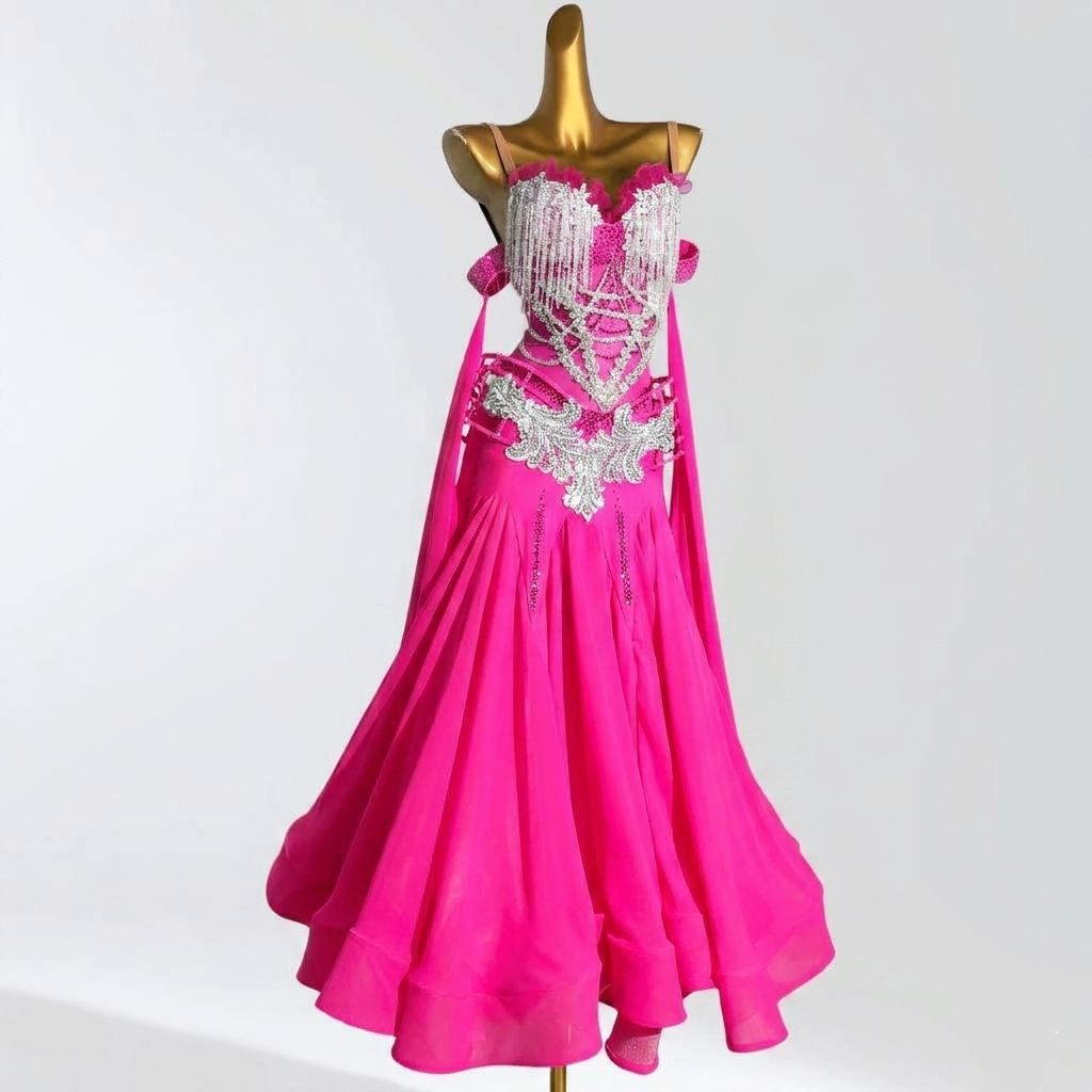 Custom Size Fuchsia Rhinestone Ballroom Dance Dress - Fringe Waltz Tango Performance Gown Blue
