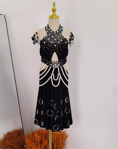 Girls Latin Dance Dresses for Kids Purple Black Pearls Diamond Salsa Rumba Chacha Performance Costumes