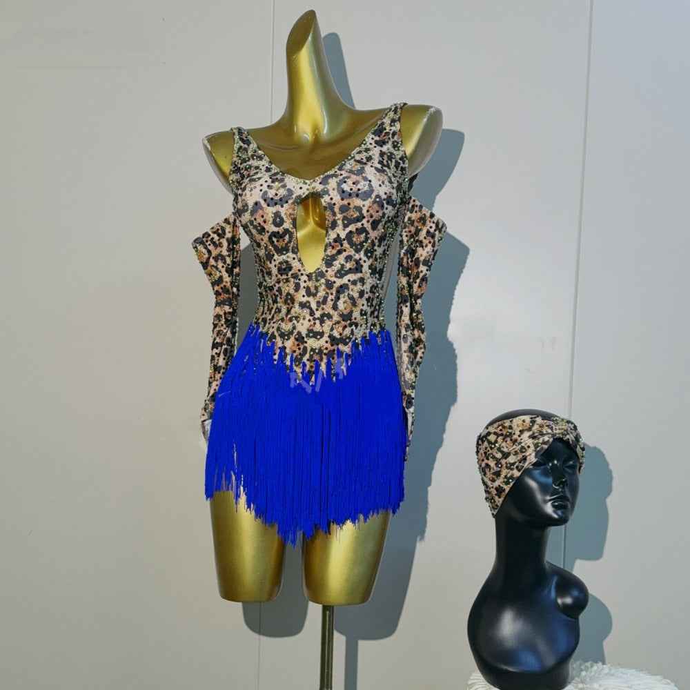 Custom Size Leopard Print Latin Dance Dress Salsa Black Pool Competition Costumes