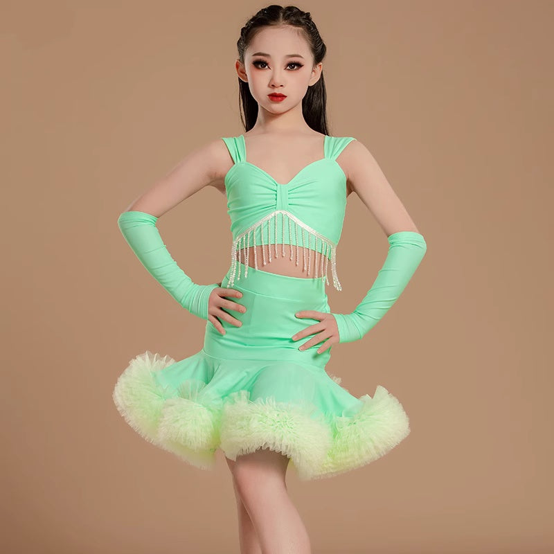 Girls Latin Dance Dresses Turquoise Mint Salsa Rumba Chacha Ruffled Latin Performance Practice Suit for Kids - Moderndancedress.com