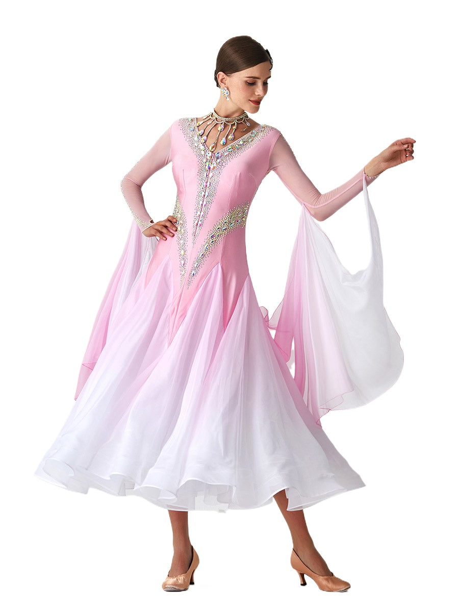 Custom Size Pink Competition Ballroom Dance Dresses for Girls Women Rhythm Waltz Tango Foxtrot National Dance Gown Big Skirts - Moderndancedress.com