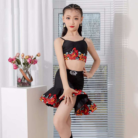 Girls black with rose flowers Latin Dance dresses Children's ballroom salsa rumba chacha Dance Clothing for kids - Moderndancedress.com