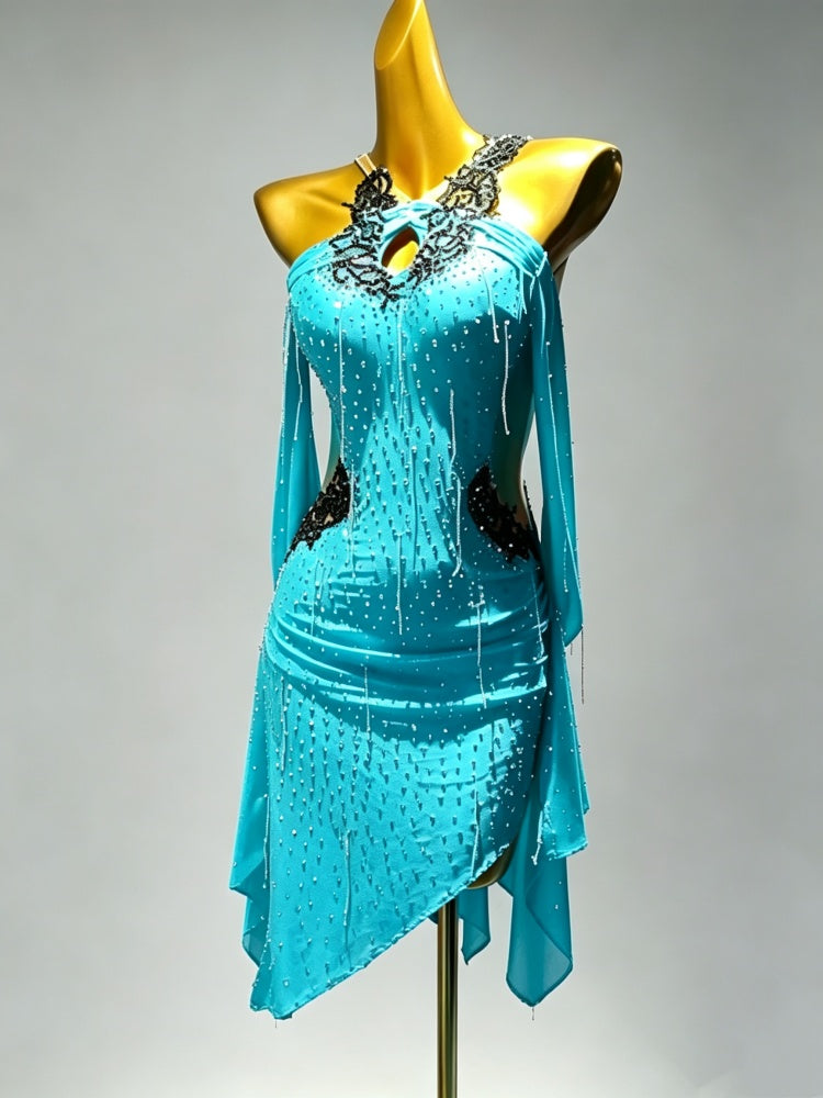 Custom Hot Pink Blue Latin Dance Dress - Black Lace Rhinestone Rhythm Competition Gown