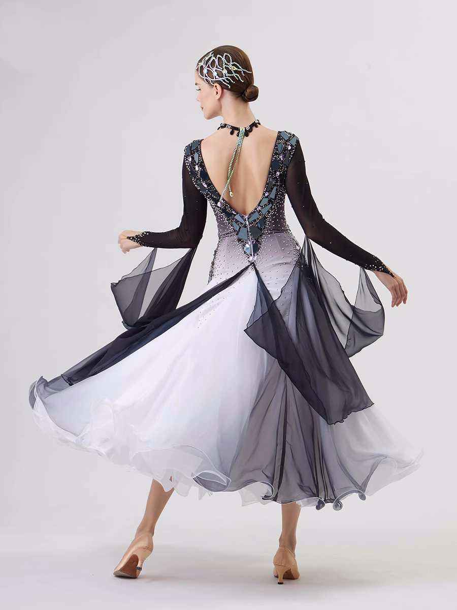 Custom Size White Black Gradient Competition Ballroom Dance Dresses for Women Girls Waltz Tango Social Dance Gown