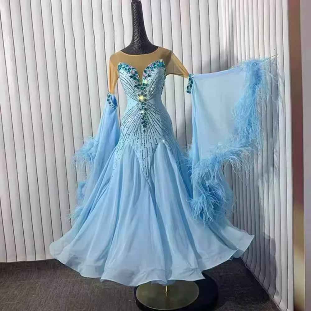 Custom Light Blue Competition Ballroom Dance Dress for Women Tango Foxtrot Rhythm Waltz Performance Long Gown