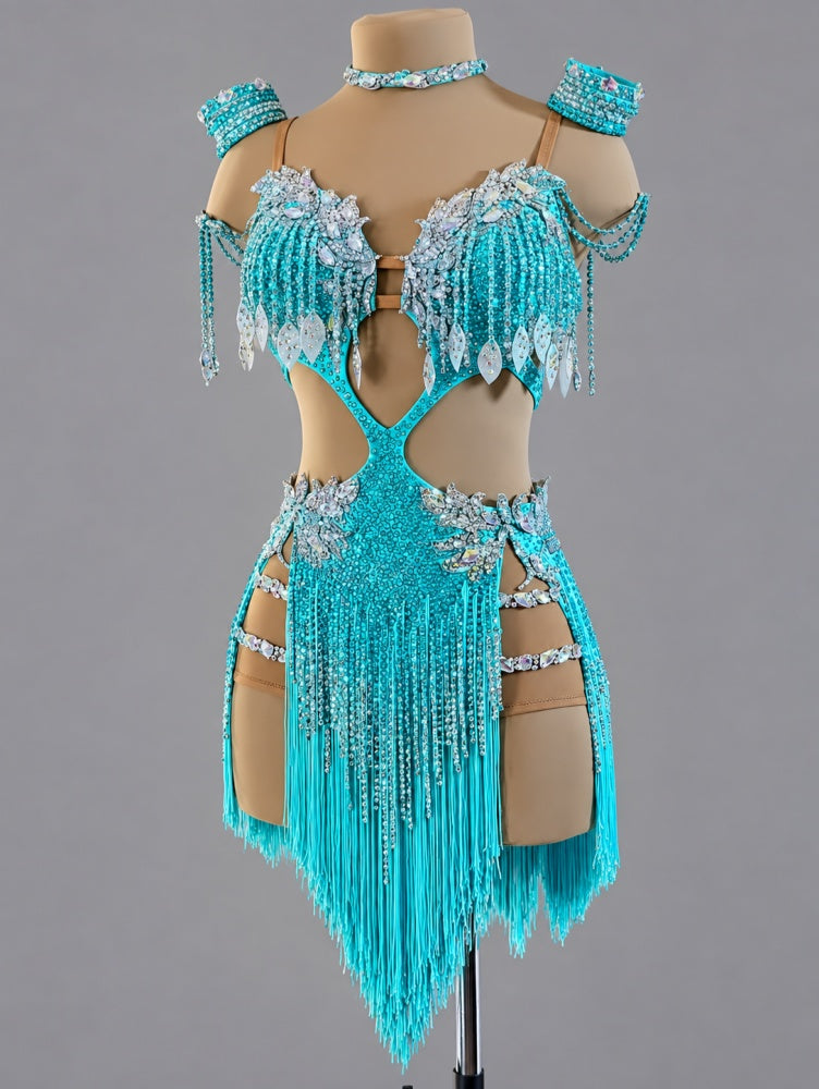 Custom Turquoise Latin Dance Competition Dress - Custom Rhythm & Salsa Fringe Gown
