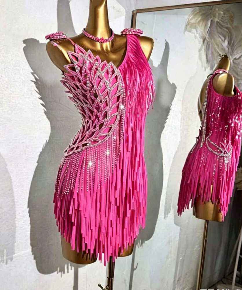 Custom Hot Pink Fringed Petals Latin Dance Dress Salsa Rumba Chacha Competition Performance Clothing