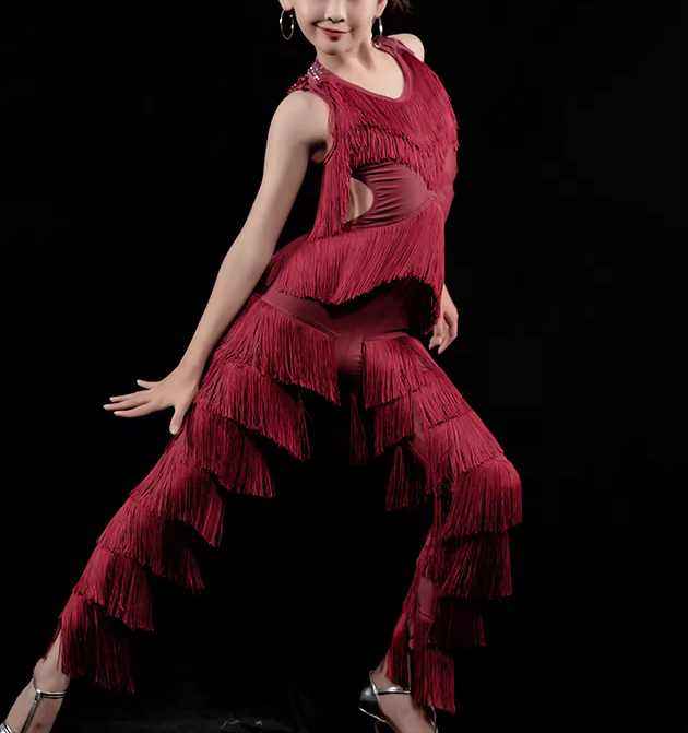Custom Size Girls Latin Dance Dress for Girls Kids Wine Fringe Competition Jumpsuits