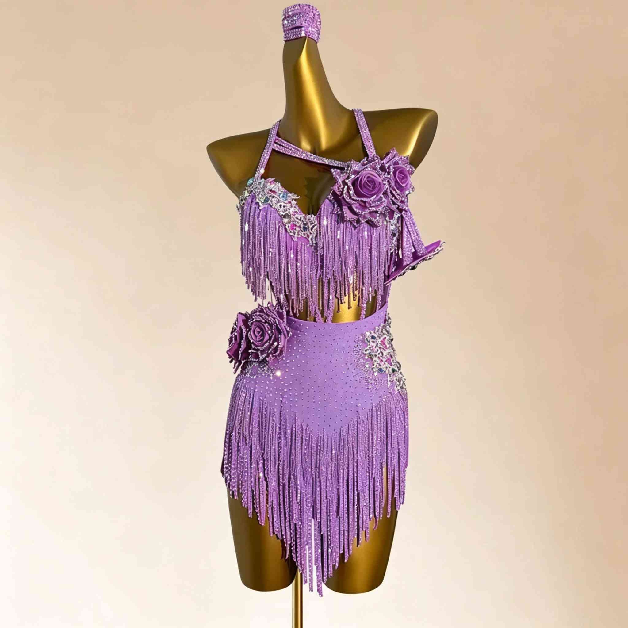 Custom Size Competition Latin Dance Dress for Women Orange Lavender 3D Rose Flowers Bling Salsa Chacha Dance Costume
