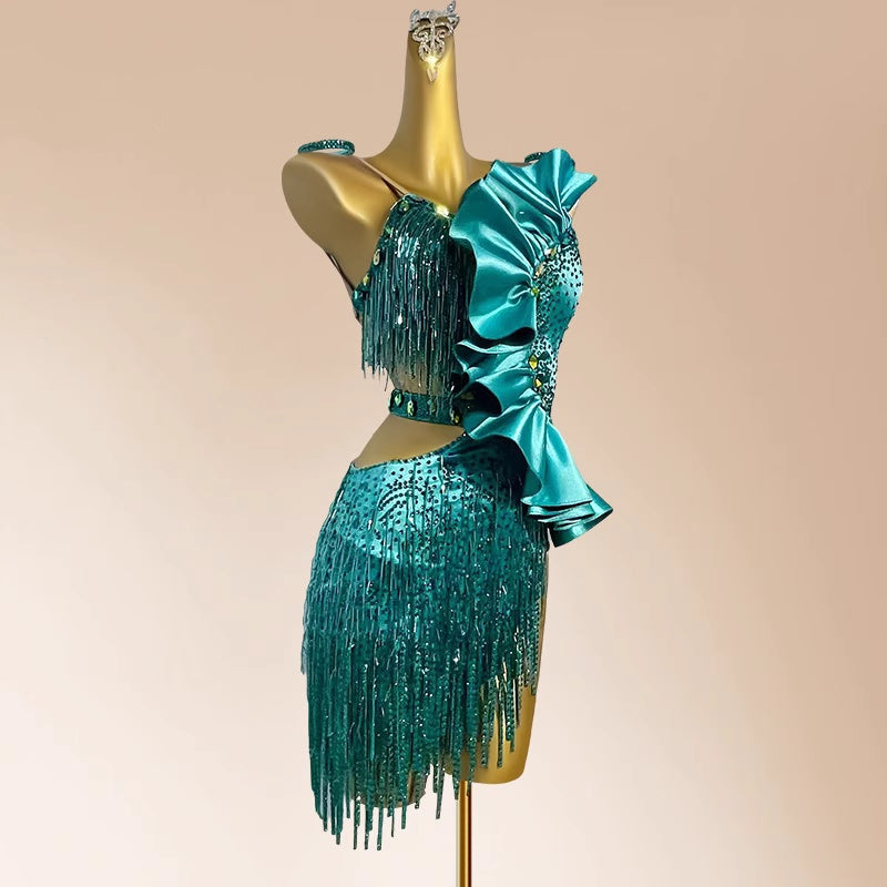 Custom Size Blue Ruffles Competition Fringe Latin Dance Dresses with Crystal Stone Salsa Rumba Blackpool Dance Clothes