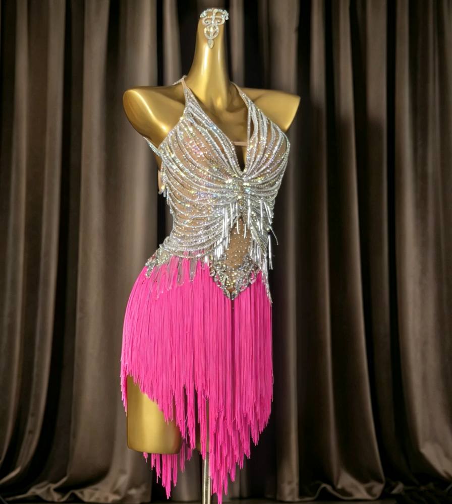 Custom Size Professional Hot Pink Tassel Latin Rhythm Dress with Silver Crystals