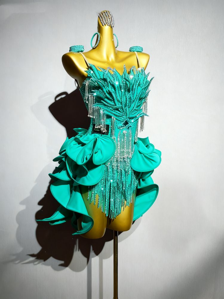 Custom Size Petals Competition Latin Dance Dresses Dark Geen Blue Salsa Rumba Chacha Blackpool Performance Costumes