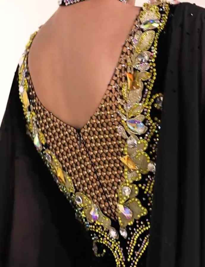 Custom Size Black with Gold Crystal Competition Ballroom Dance Dress Waltz Tango Rhythm Foxtrot Dance Gown