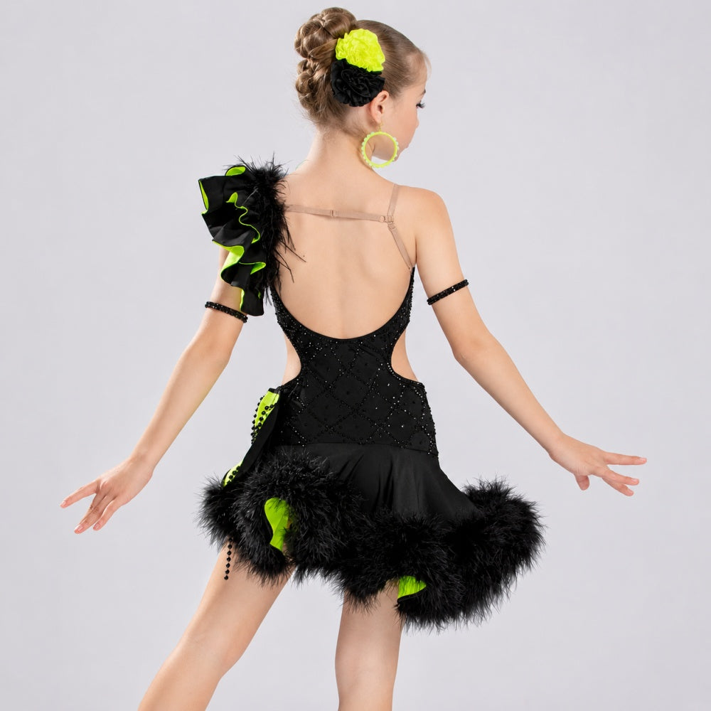 Girls Latin Dance Competition Dress | Rhinestone Lime Green & Black Salsa Costume