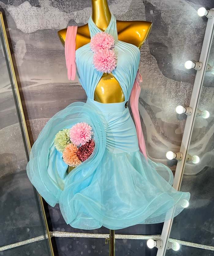 Custom Size Flowers Blue Latin Dance Dresses for Women Girls Waltz Tango Performance Costumes