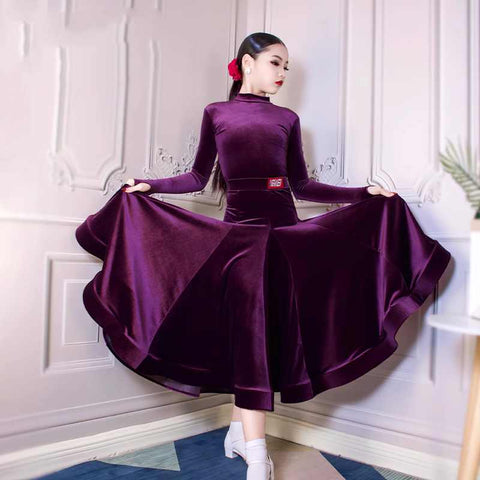 Girls Blue Purple Grey Velvet Ballroom Latin Dance Dresses for Kids Children  Competition Professional Performance Long Skirts for Children - Moderndancedress.com
