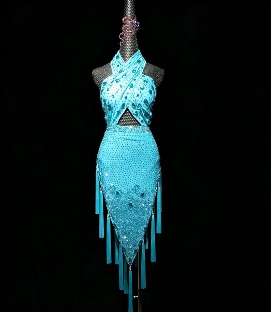 Custom Hot Pink Latin Dance Dress with Rhinestones & Fringe Blue Ballroom Competition Outfit