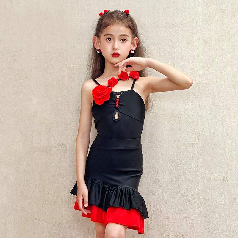 Girls Latin Dance Dress Black Red 3D Rose Slant Neck Kids Salsa Chacha  Performance Costume