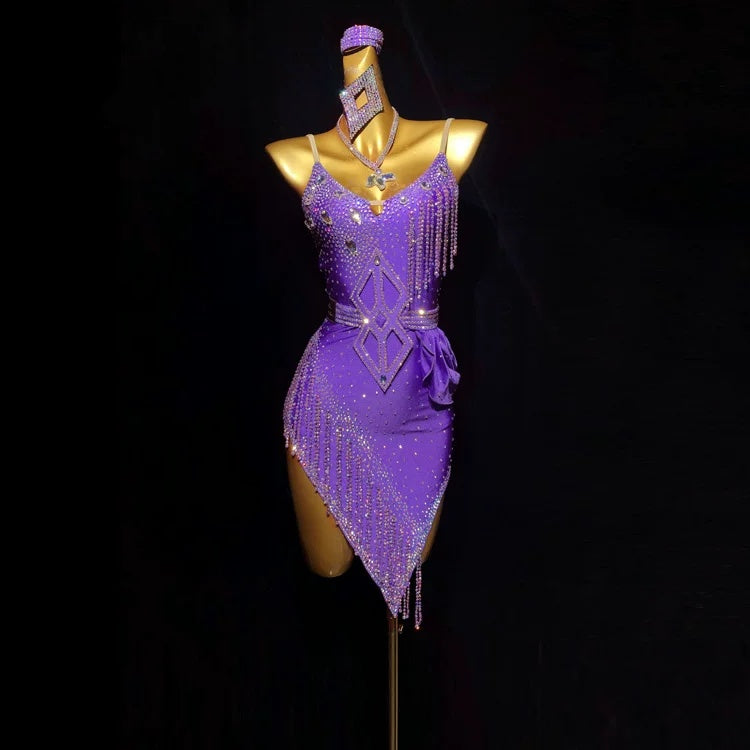 Custom Size Violet Fuchsia Competition Latin Dance Crystal Fringe Inclined Skirt Salsa Chacha Dance Wear