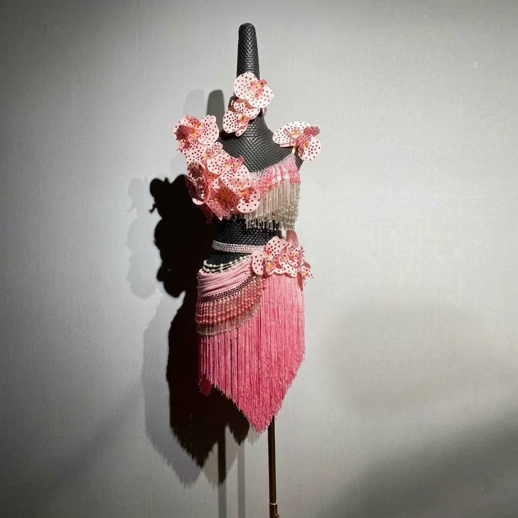 Custom Pink Floral Latin Performance Dress - Luxury 3D Orchid & Rhinestone Ballroom Wear