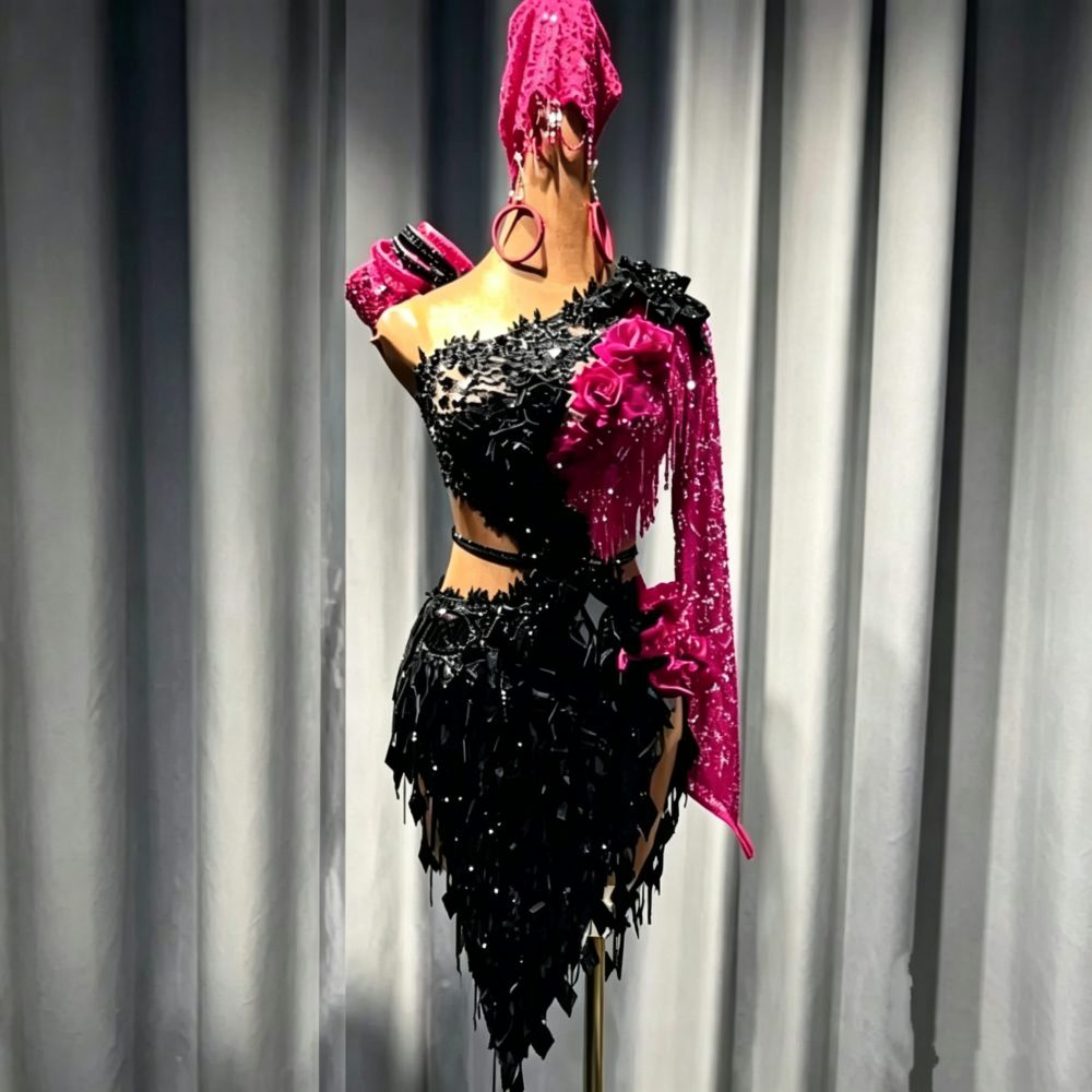 Custom Red & Black Lace Latin Dance Dress - Professional Paso Doble Costume