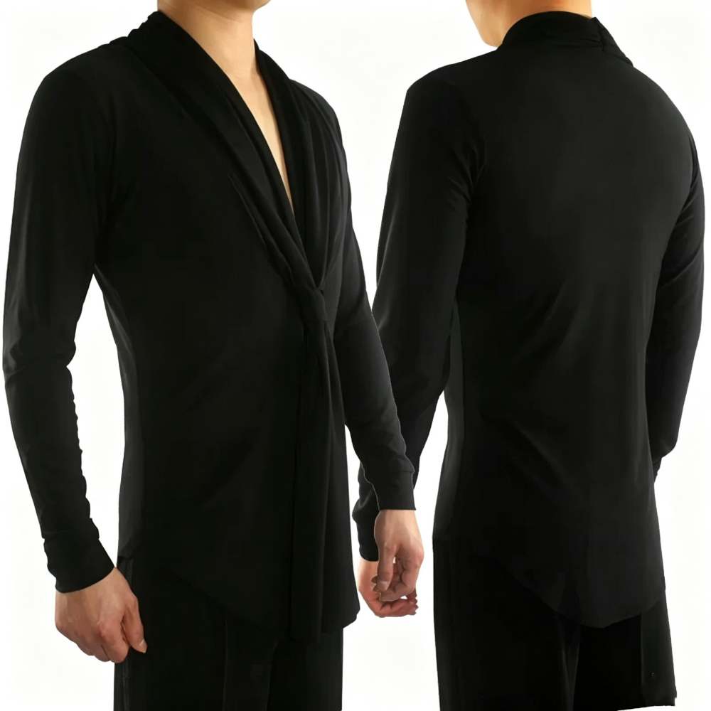 Men's Red Latin Dance Shirt - Deep V-Neck Long Sleeve Ballroom Top