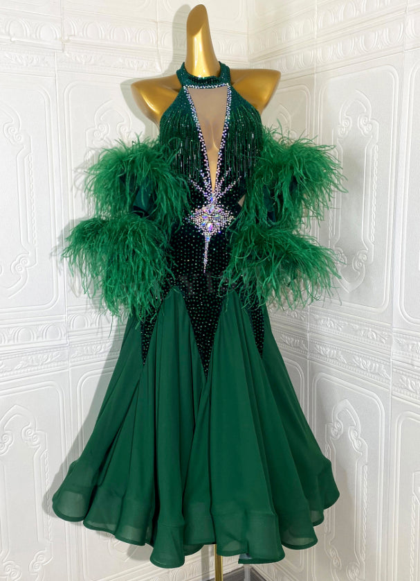 Custom Size Dark Green Feather Ballroom Dance Dresses for Women Waltz Tango Smooth Dance Long Gown