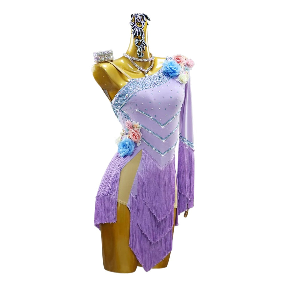 Lavender Flowers Latin Dance Dresses for Women Girls Salsa Rumba One Shoulder Fringe Latin Costumes
