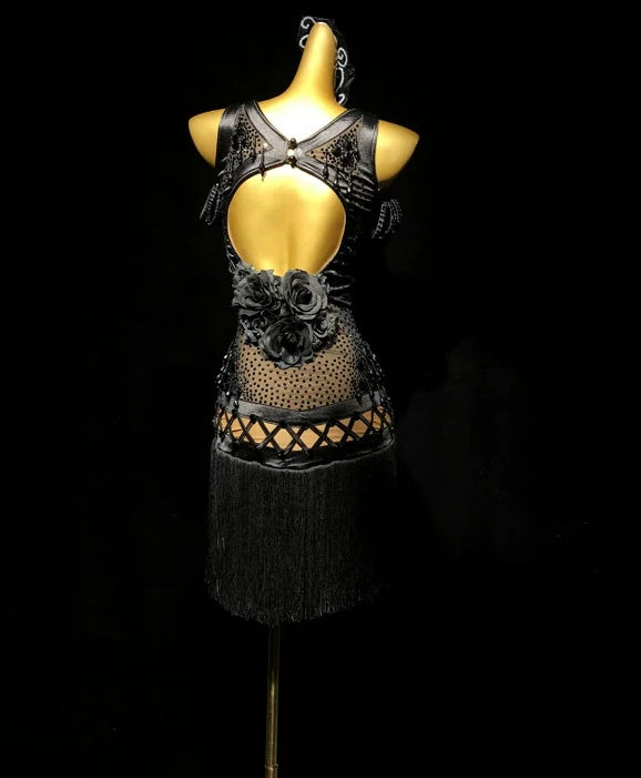 Custom Size Black Rose Flowers Competition Latin Dance Dress Salsa Rumba Ballroom Blackpool Dance Gown
