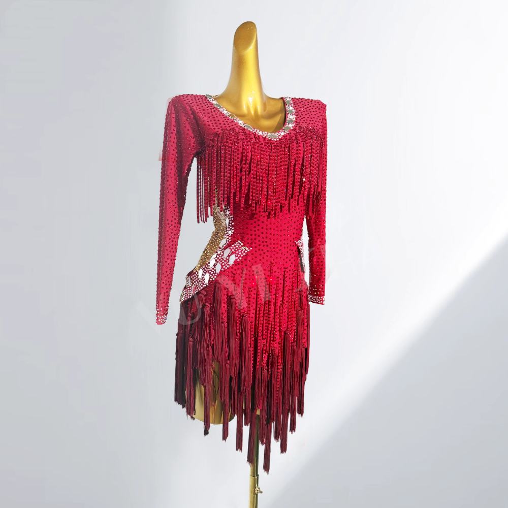 Custom Size Competition Latin Dance Dresses for Women Pink Wine Salsa Rumba Chacha Dance Costumes