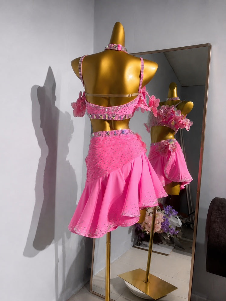 Custom Pink Two-Piece Competition Latin Dance Dress with 3D Flowers & Bling Fringe