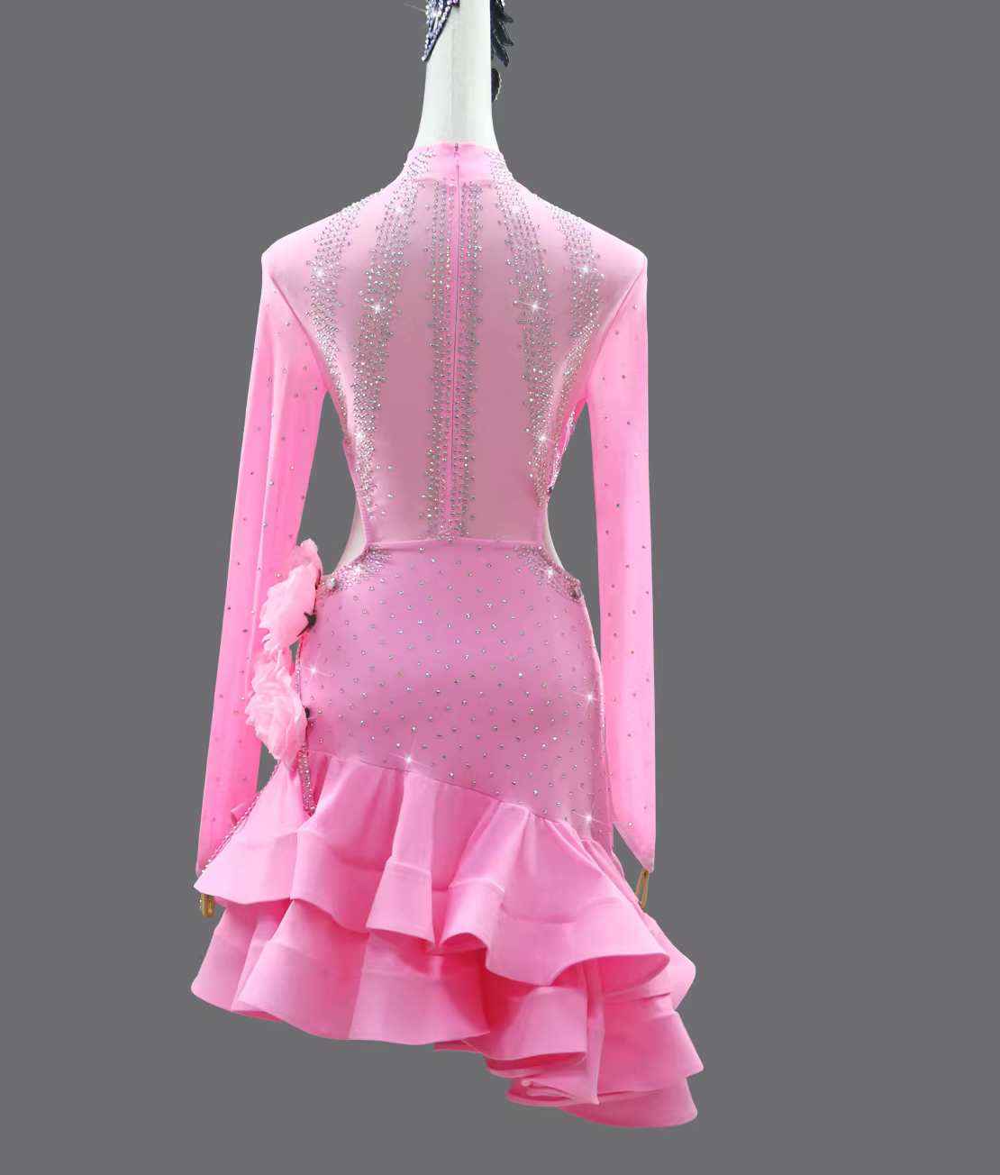 Custom Size Competition Girls Latin Dance Dresses Pink Flowers Latin Perform Costumes