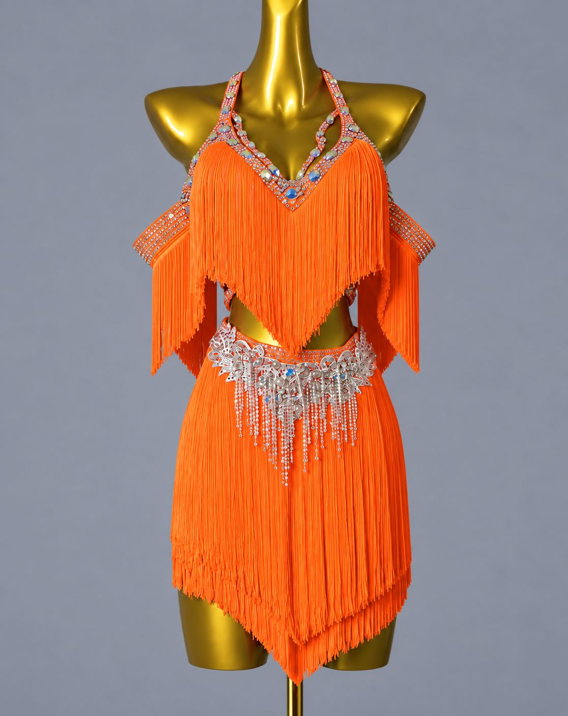 Custom Turquoise Competition Latin Dance Dress Crystal Rhinestone Fringe