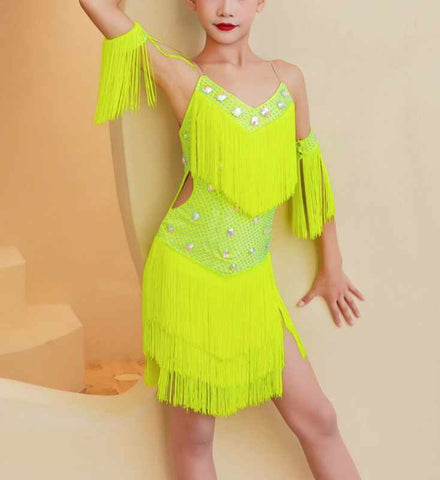 Neon Yellow Hot Pink Fringe Latin Dance Competition Dresses for Girls Children Solo Salsa Rumba Samba Chacha Performance Costumes for Kids - Moderndancedress.com