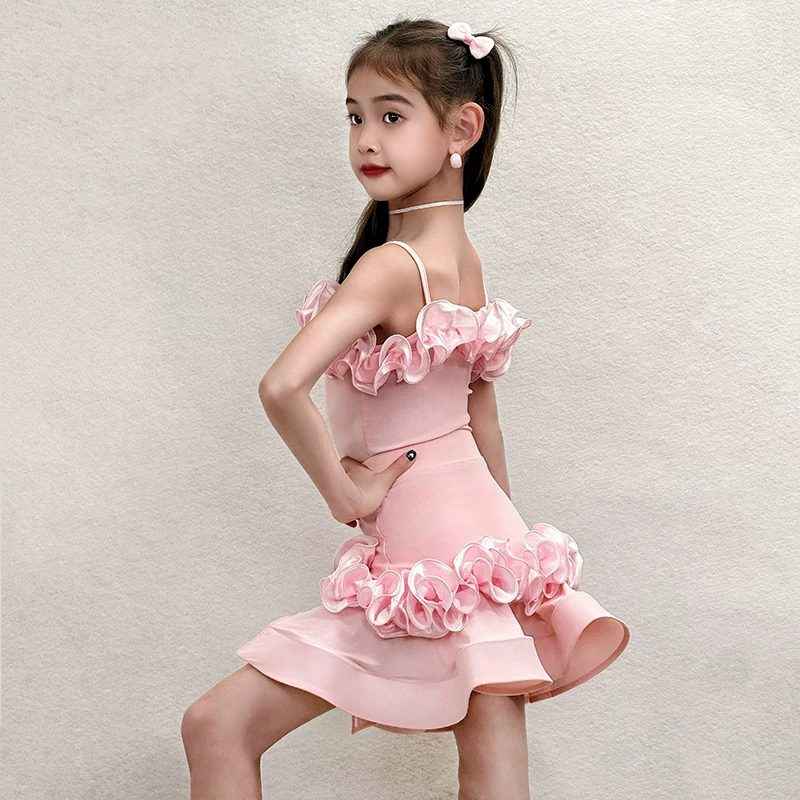 Pink Ruffles Neck Latin Dance Dress for Girls Salsa Chacha Dance Wear