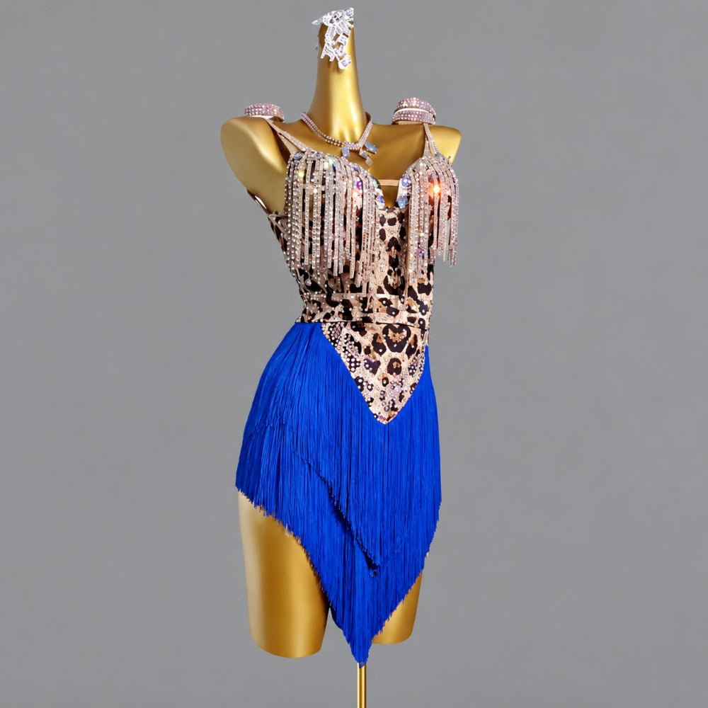 Custom Leopard with White Latin Dance Competition Dresses with Bling Fringe