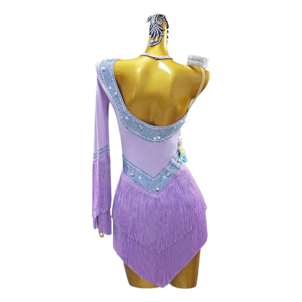 Lavender Flowers Latin Dance Dresses for Women Girls Salsa Rumba One Shoulder Fringe Latin Costumes