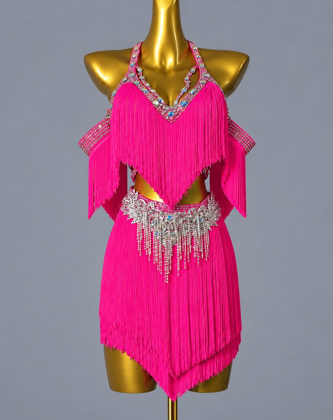 Custom Turquoise Competition Latin Dance Dress Crystal Rhinestone Fringe