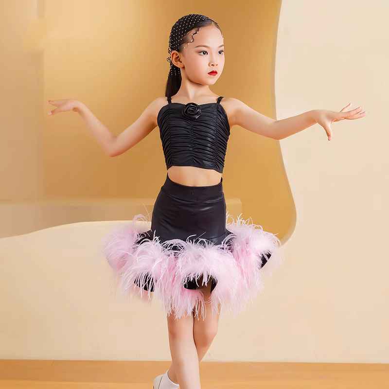 Pink Ostrich Feather Competition Latin Dance Dresses for Girls Kids Salsa Rumba Chacha Ballroom Party Stage Performance Clothes Dancewear - Moderndancedress.com