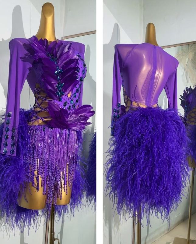 Custom Size Violet Feather Latin Dance Dresses for Women Girls Salsa Rumba Chacha Latin Dance Costumes